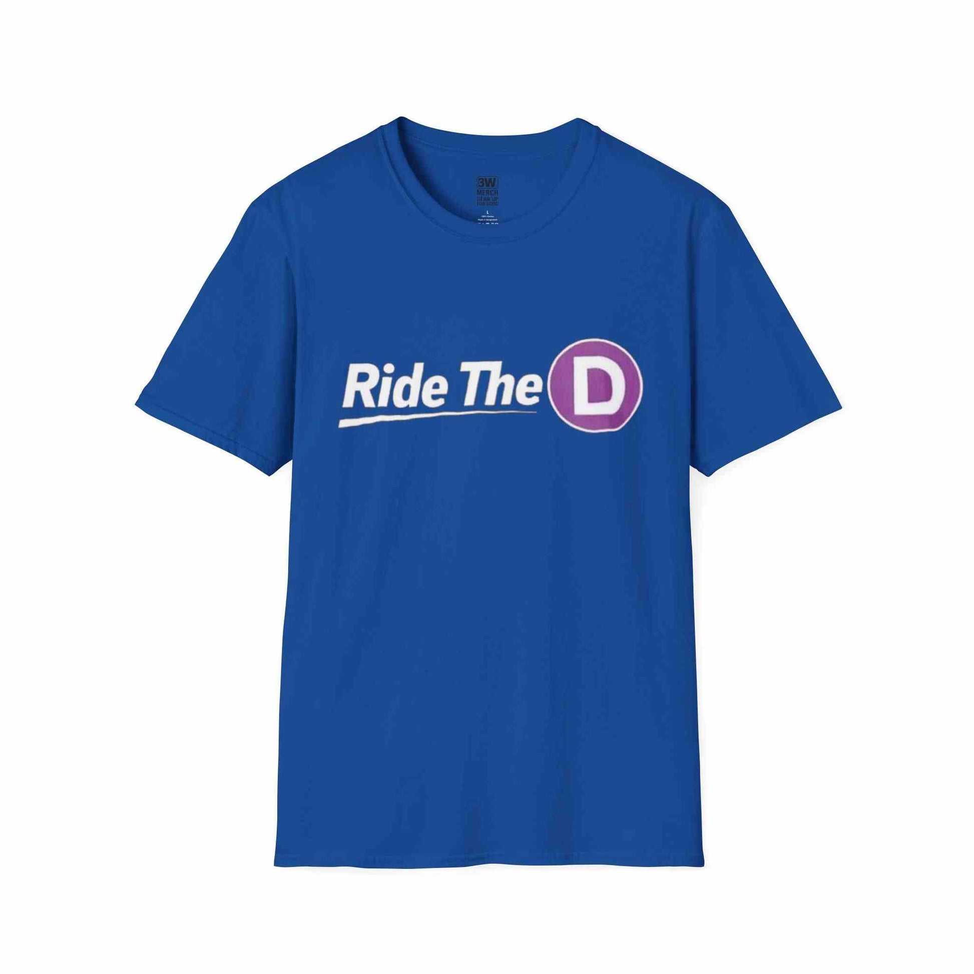 Ride The D T-shirt with purple subway token graphic on black cotton tee
