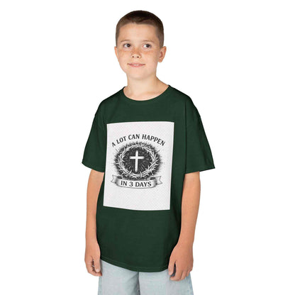 Kids Tee with vintage cross and wreath design, soft breathable cotton, and faith-inspired message