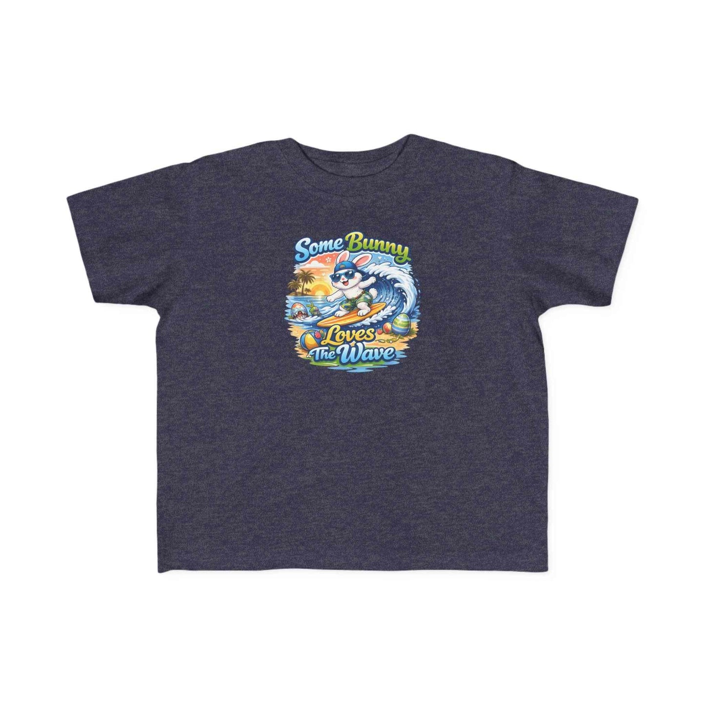 Toddler tee with surf bunny graphic, lightweight cotton, and ribbed collar, perfect for beach play and everyday adventures.