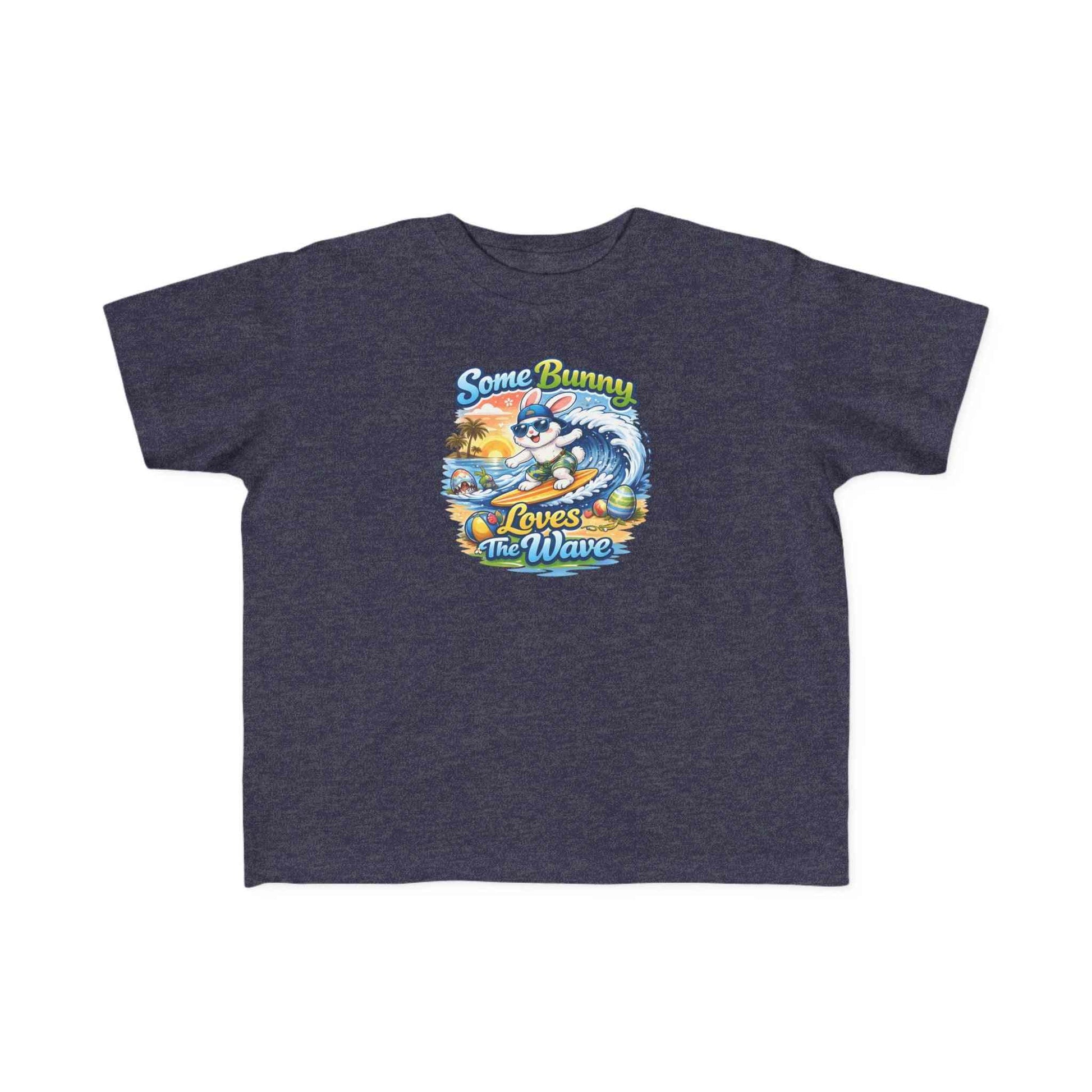 Toddler tee with surf bunny graphic, lightweight cotton, and ribbed collar, perfect for beach play and everyday adventures.