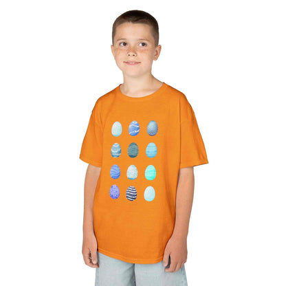 Kids tee with blue watercolor egg pattern on white cotton fabric