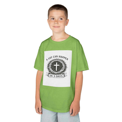 Kids tee with vintage cross and "A Lot Can Happen in 3 Days" design on soft midweight cotton