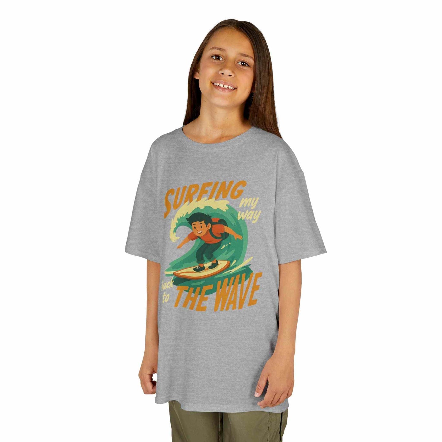 Kids Surfing The Wave T-Shirt with retro surfer graphic and vibrant colors on soft cotton
