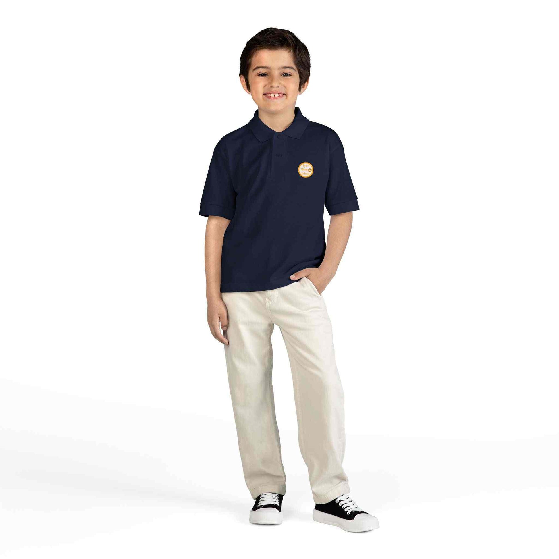 Gold youth polo shirt with Eric's Piano School logo for kids music lessons
