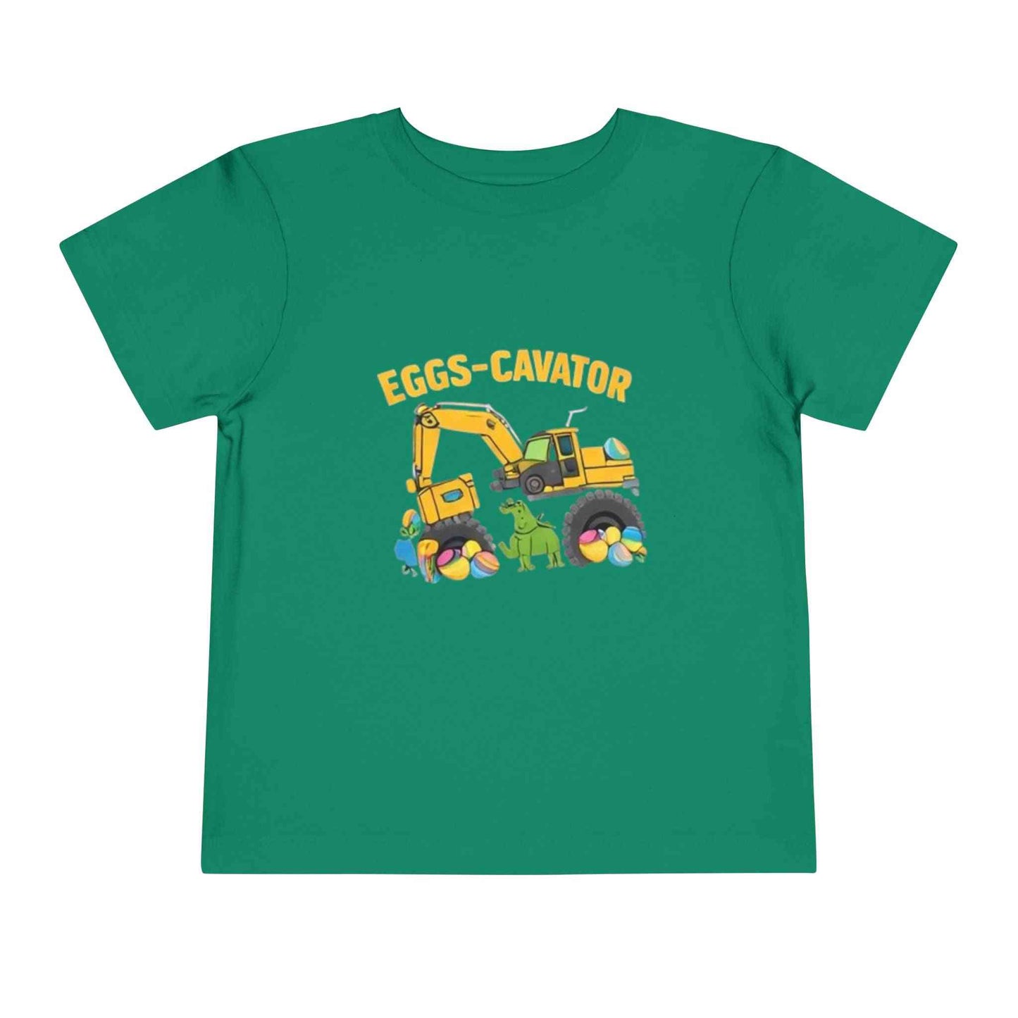 Toddler Easter tee with excavator scooping colorful Easter eggs Eggs-cavator design