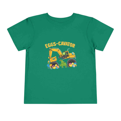 Toddler Easter tee with excavator scooping colorful Easter eggs Eggs-cavator design