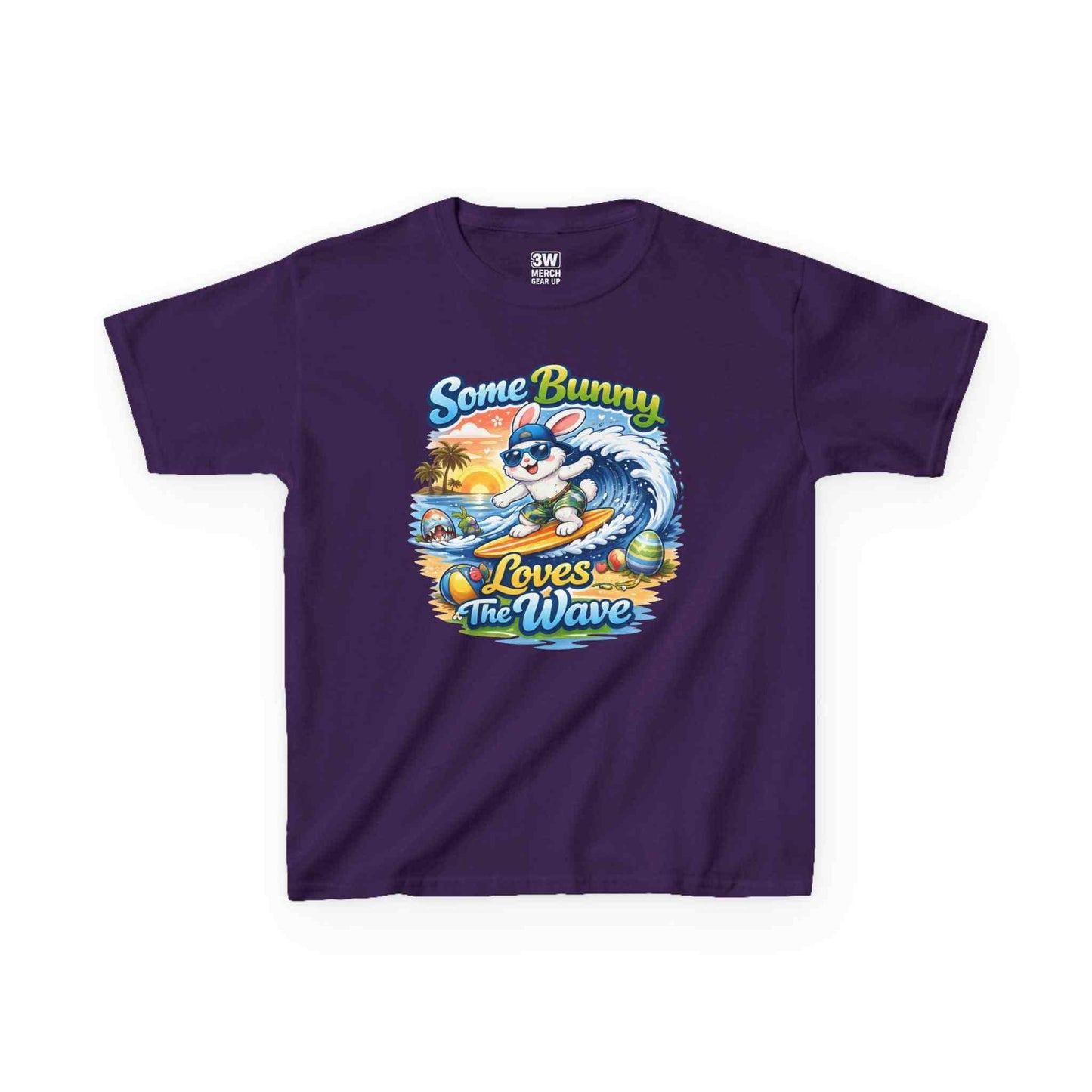 Youth boy's t-shirt with cute surfing bunny and pastel Easter eggs, "Some Bunny Loves The Wave" Easter design for school and spring events
