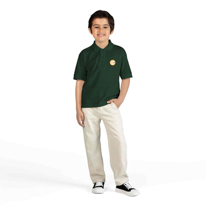 Youth gold polo shirt for Eric's Piano School with logo and moisture-wicking fabric