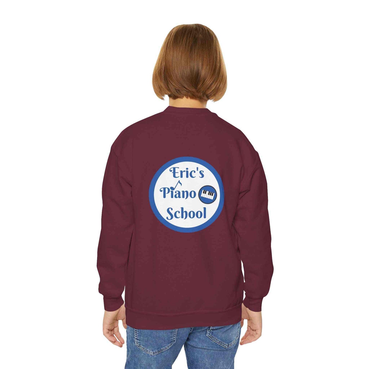 Cozy youth sweatshirt with piano school emblem, soft midweight fabric, and loose fit for music lessons and recitals