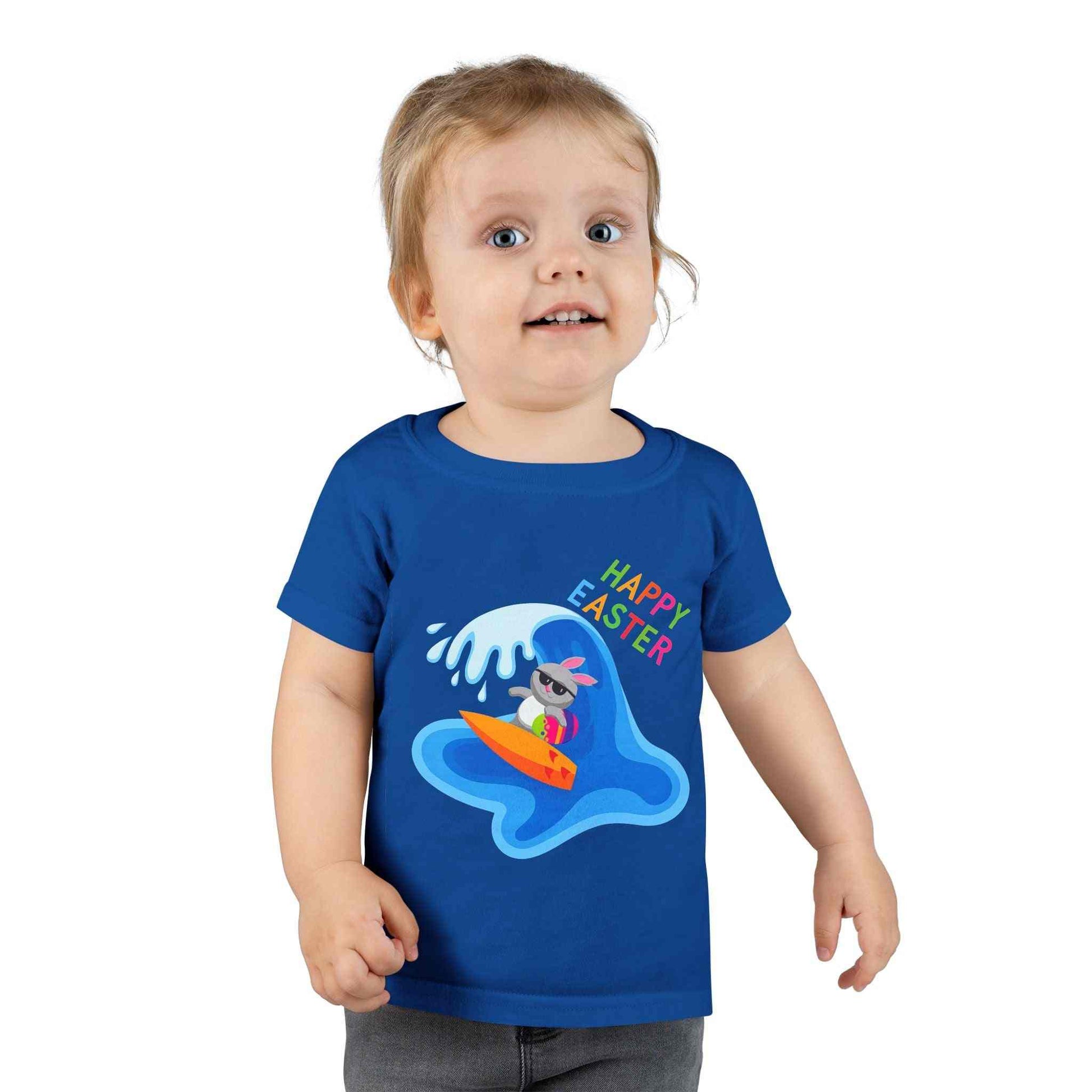 Toddler Happy Easter Surf Bunny Shirt with beach bunny graphic and rainbow text