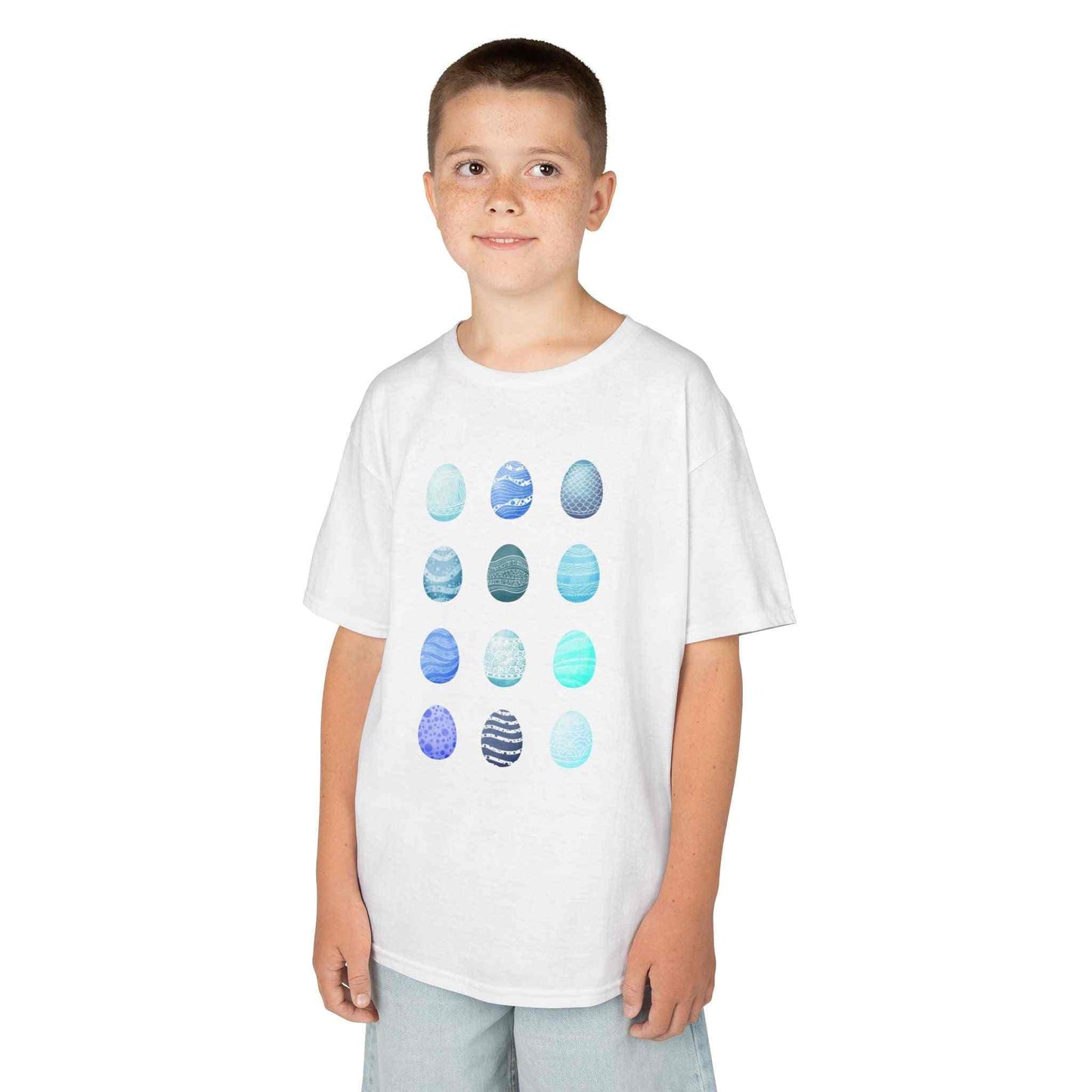 Kids tee with blue watercolor egg pattern on white breathable cotton fabric