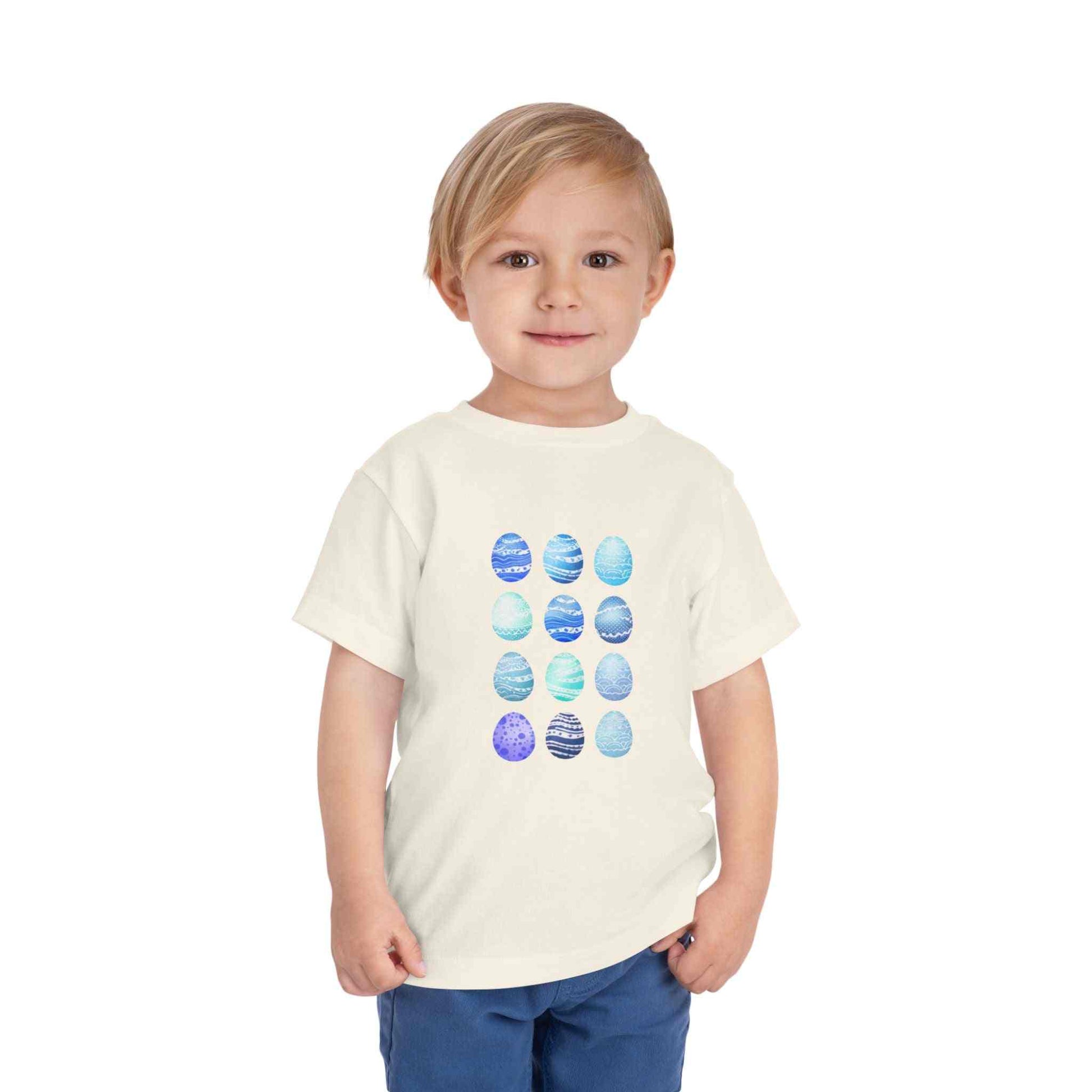 Boy toddler tee with blue watercolor Easter egg design on soft cotton fabric
