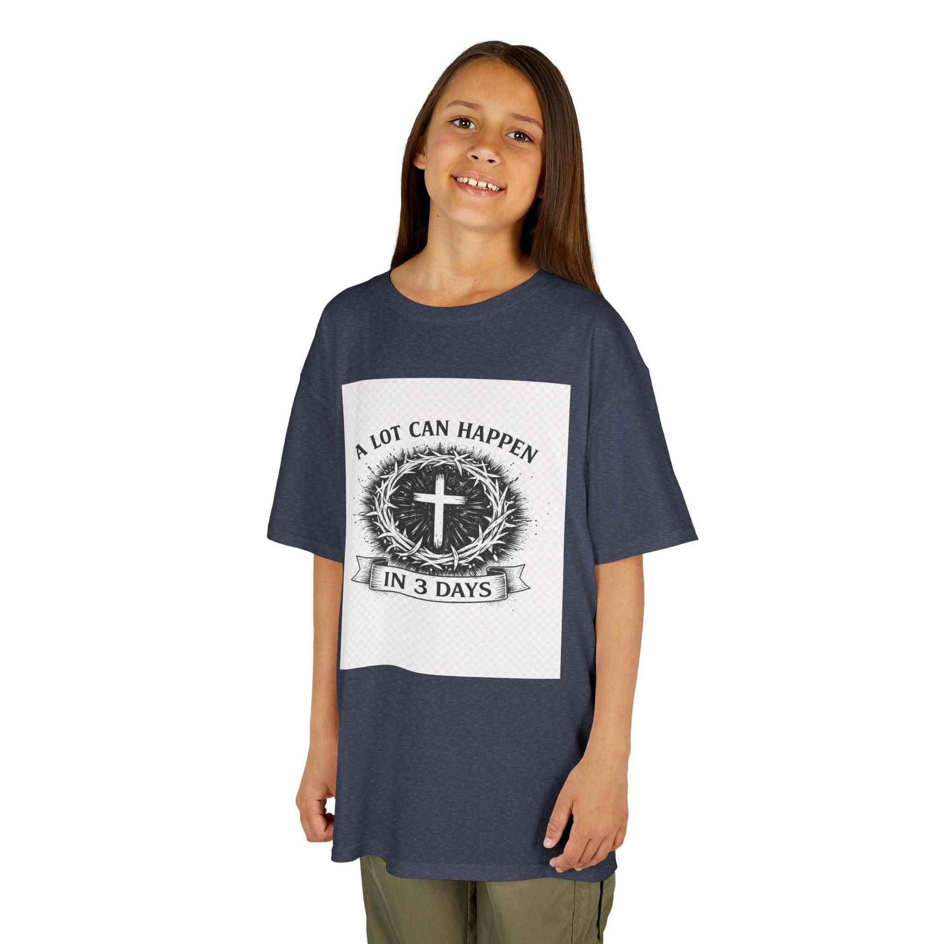 Kids Tee with vintage cross and "A Lot Can Happen in 3 Days" design on soft midweight cotton