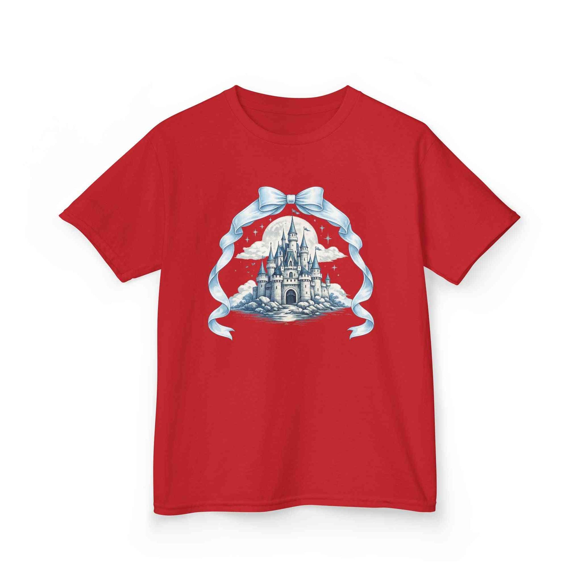 Blue Kids Castle T-shirt with whimsical fairytale design for children, soft breathable cotton, perfect for Disney trips and birthdays