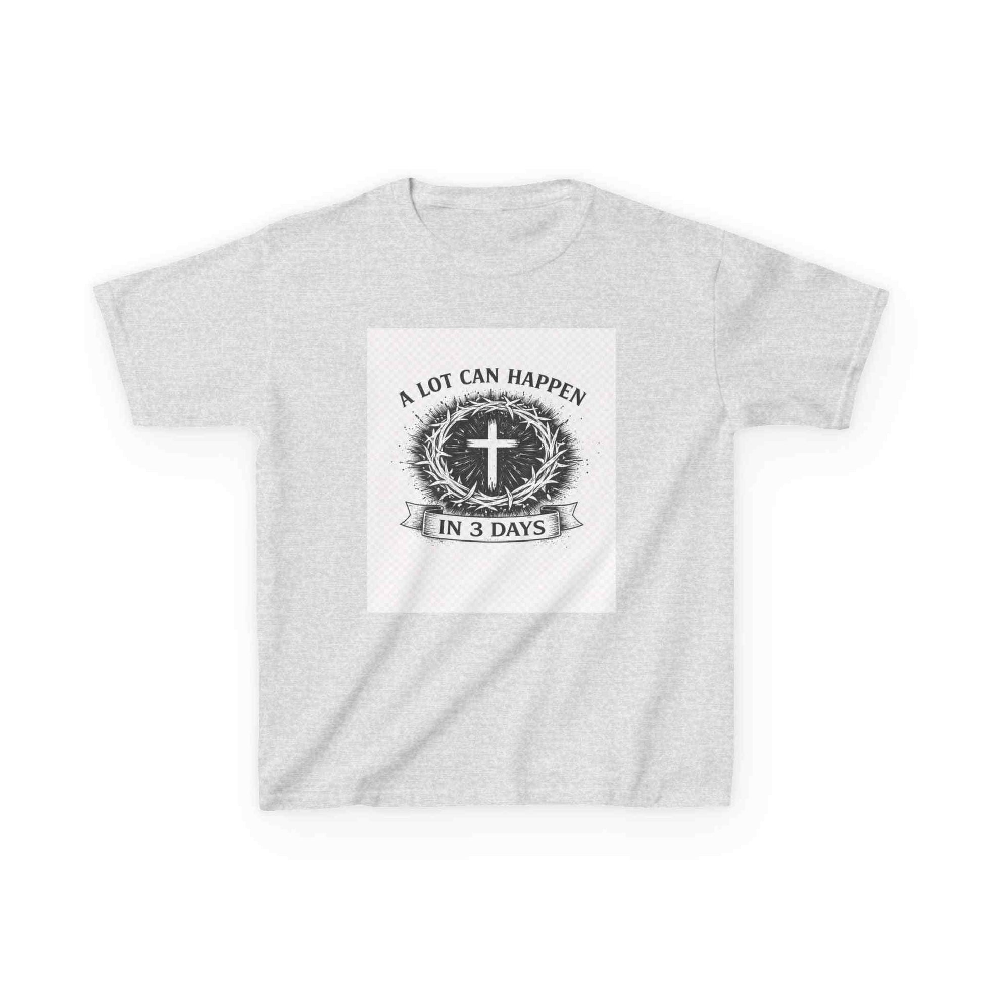 Kids tee with vintage Christian cross and "A Lot Can Happen in 3 Days" design on soft breathable cotton