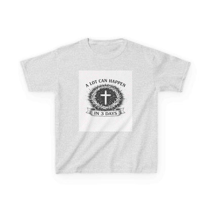 Kids tee with vintage Christian cross and "A Lot Can Happen in 3 Days" design on soft breathable cotton