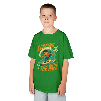Kids Surfing The Wave T-Shirt with retro surfer graphic and vibrant colors on soft cotton fabric
