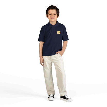 Youth polo shirt with gold Eric's Piano School logo, moisture-wicking and durable fabric for active kids