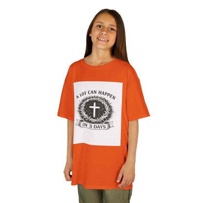 Kids Tee with vintage cross and wreath design on soft midweight cotton shirt