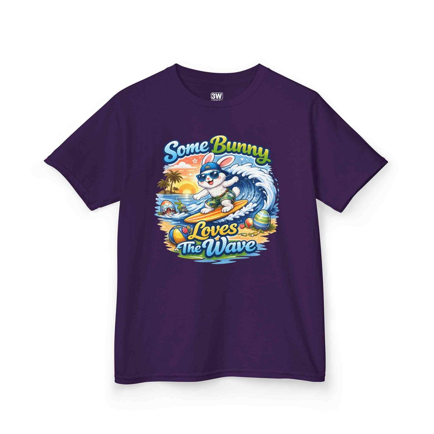 Youth boy’s t-shirt with surfing bunny and pastel Easter eggs design saying Some Bunny Loves The Wave