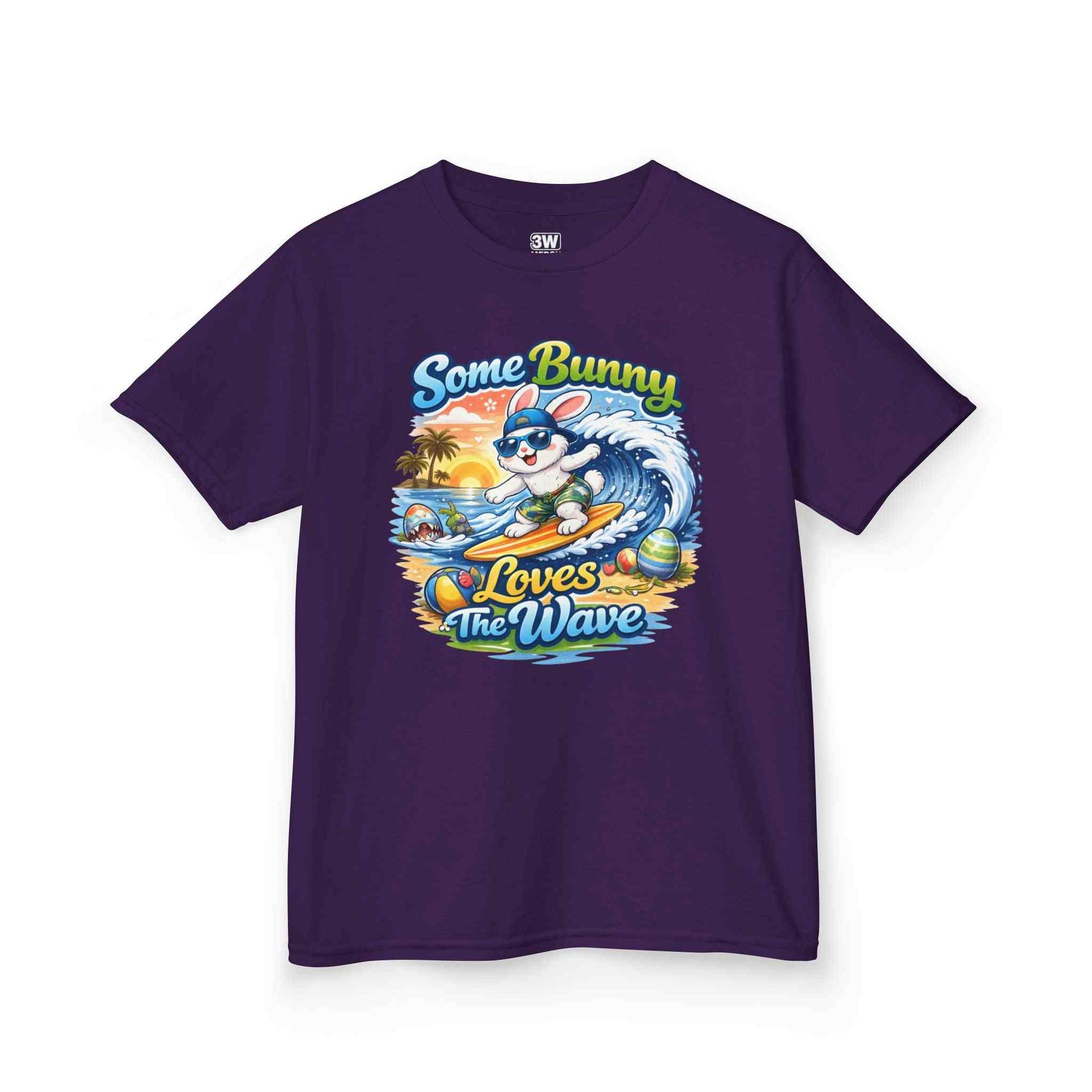 Youth boy’s t-shirt with surfing bunny and pastel Easter eggs design saying Some Bunny Loves The Wave