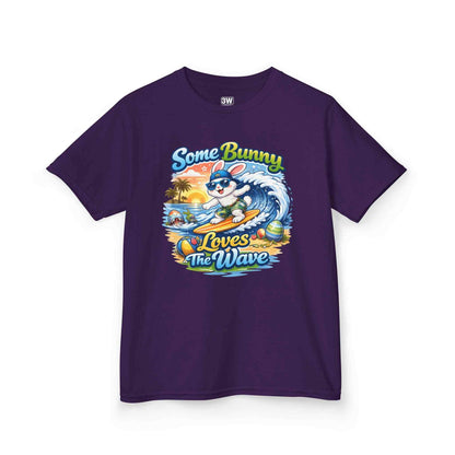 Youth boy’s t-shirt with surfing bunny and pastel Easter eggs design saying Some Bunny Loves The Wave