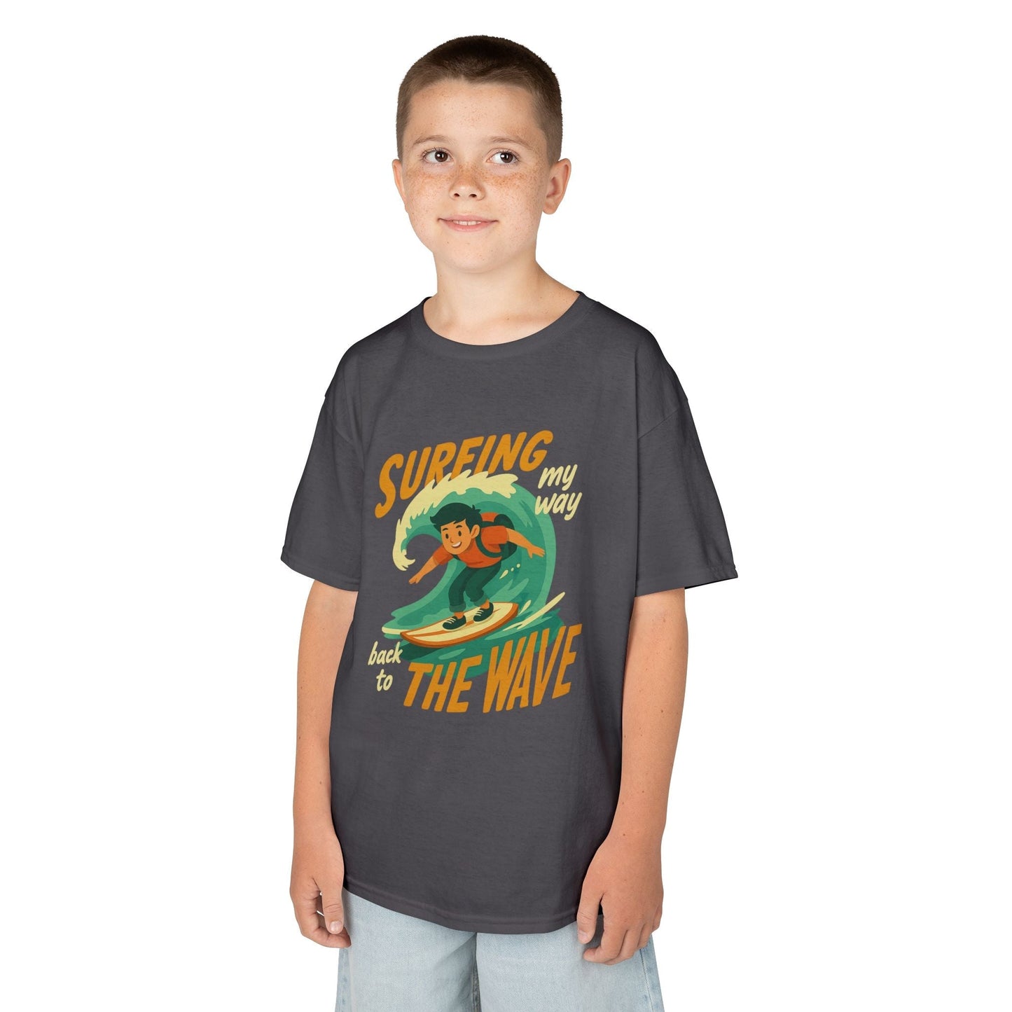 Kids retro Surfing The Wave T-Shirt with vibrant surfer graphic and soft cotton fit