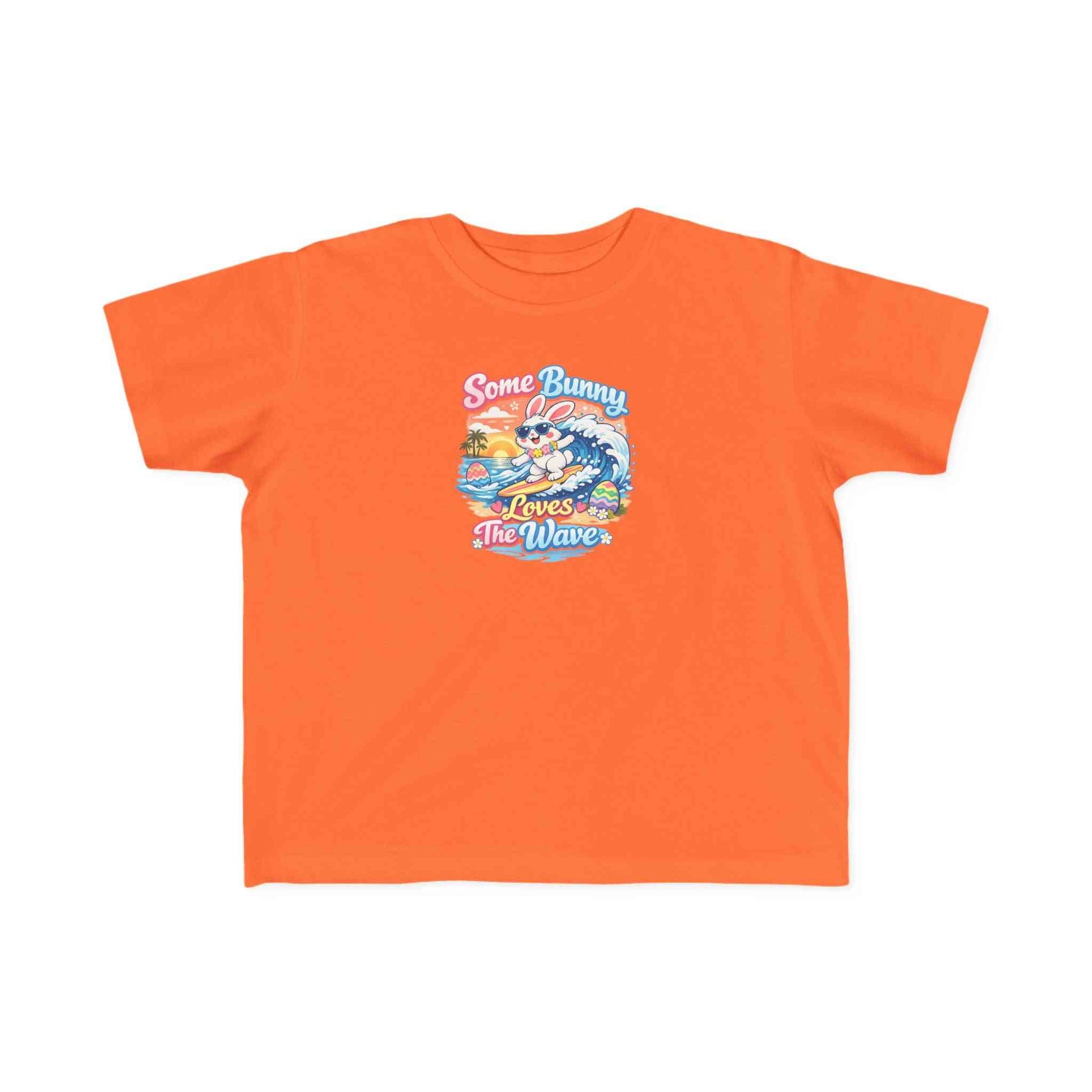 Youth girl Easter T-shirt with surfing bunny and pastel eggs saying Some Bunny Loves The Wave