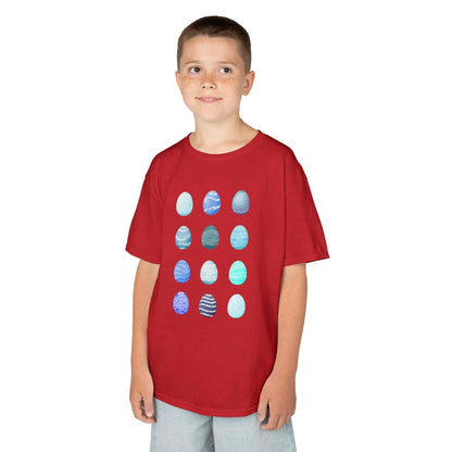 Kids tee with blue watercolor egg pattern on white cotton fabric