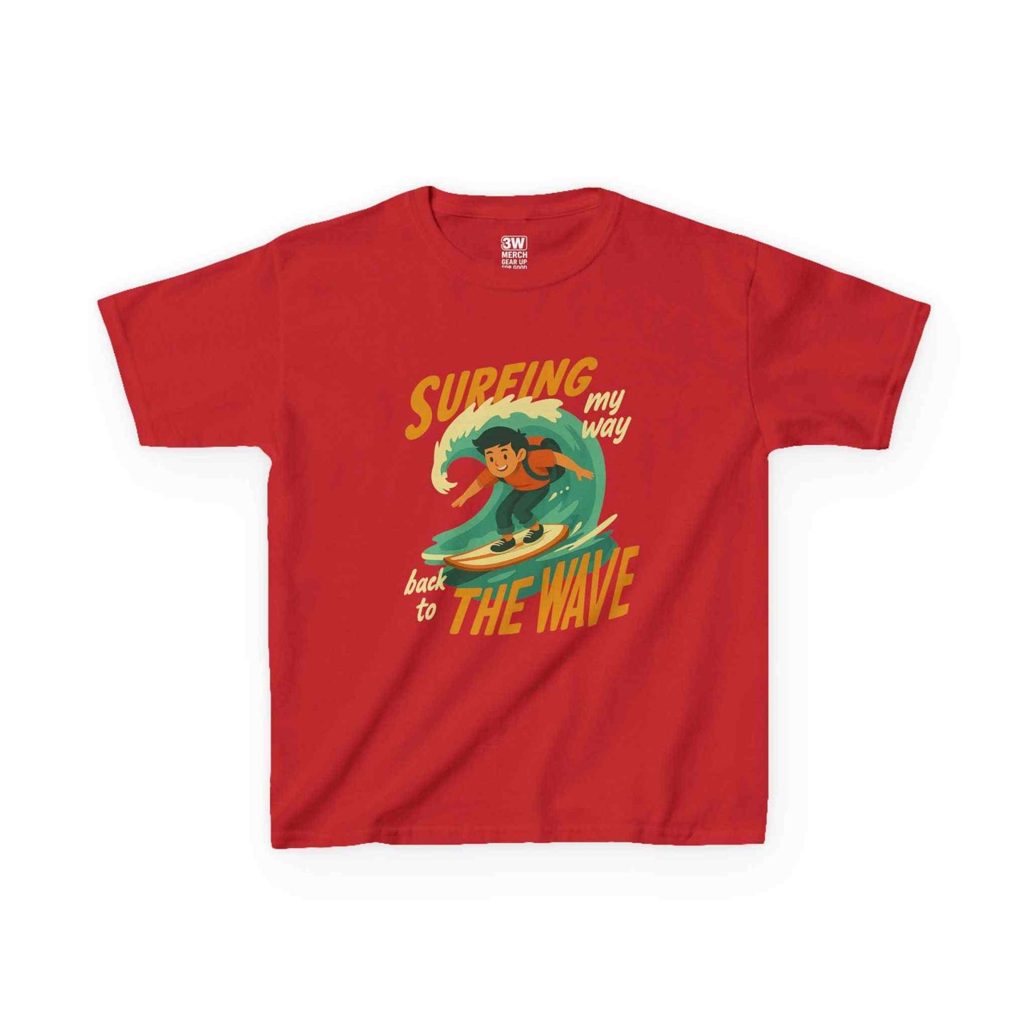 Surfing The Wave Kids T-Shirt with retro surfer graphic and vibrant colors on soft cotton fabric