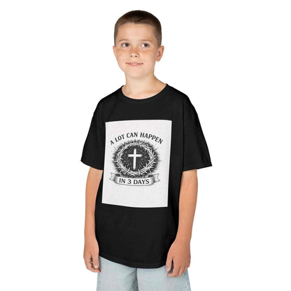 Kids Tee with vintage Christian cross and "A Lot Can Happen in 3 Days" design on soft cotton fabric