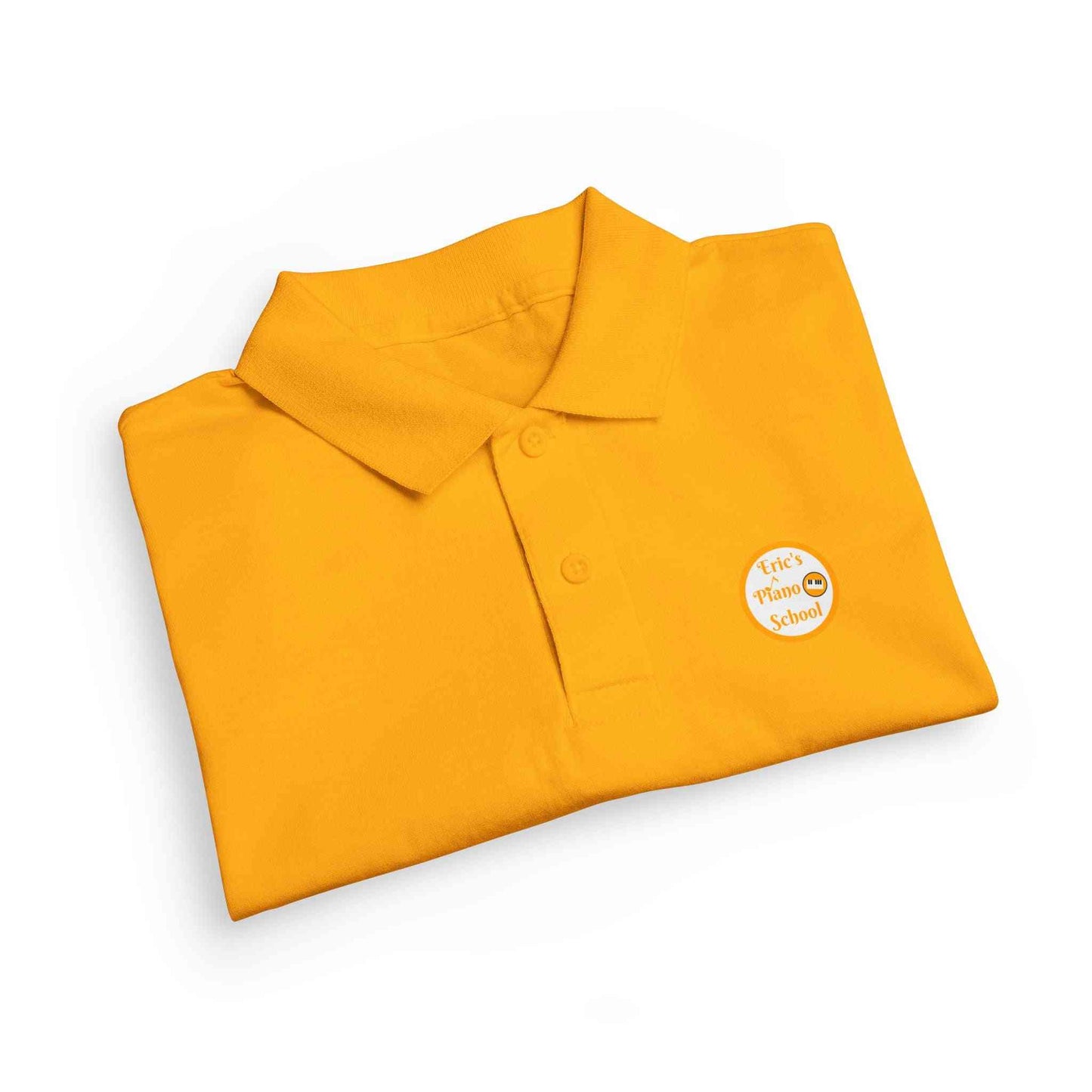 Youth gold polo shirt with Eric's Piano School logo for kids' music lessons