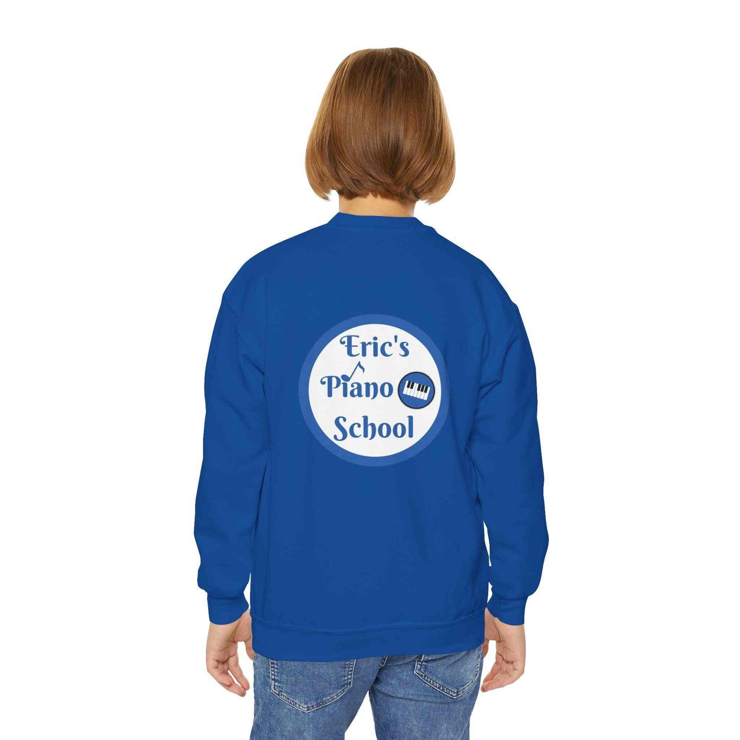 Youth sweatshirt featuring a cozy, oversized crewneck with piano school emblem embroidery for music learners