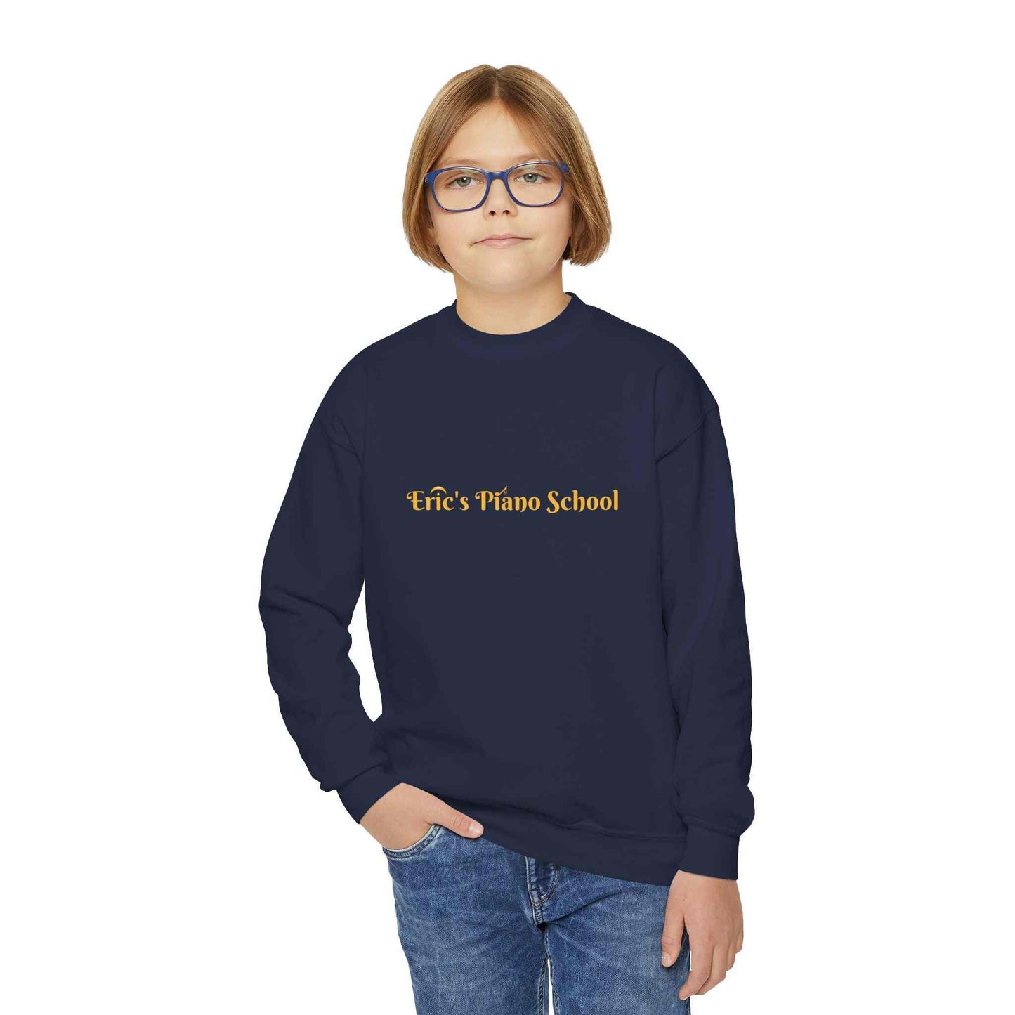 Youth sweatshirt with cozy crewneck and piano school emblem for young music learners
