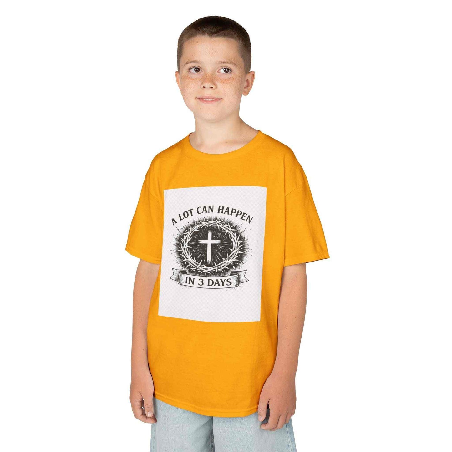 Kids Tee with vintage cross and wreath design, soft breathable cotton for everyday wear