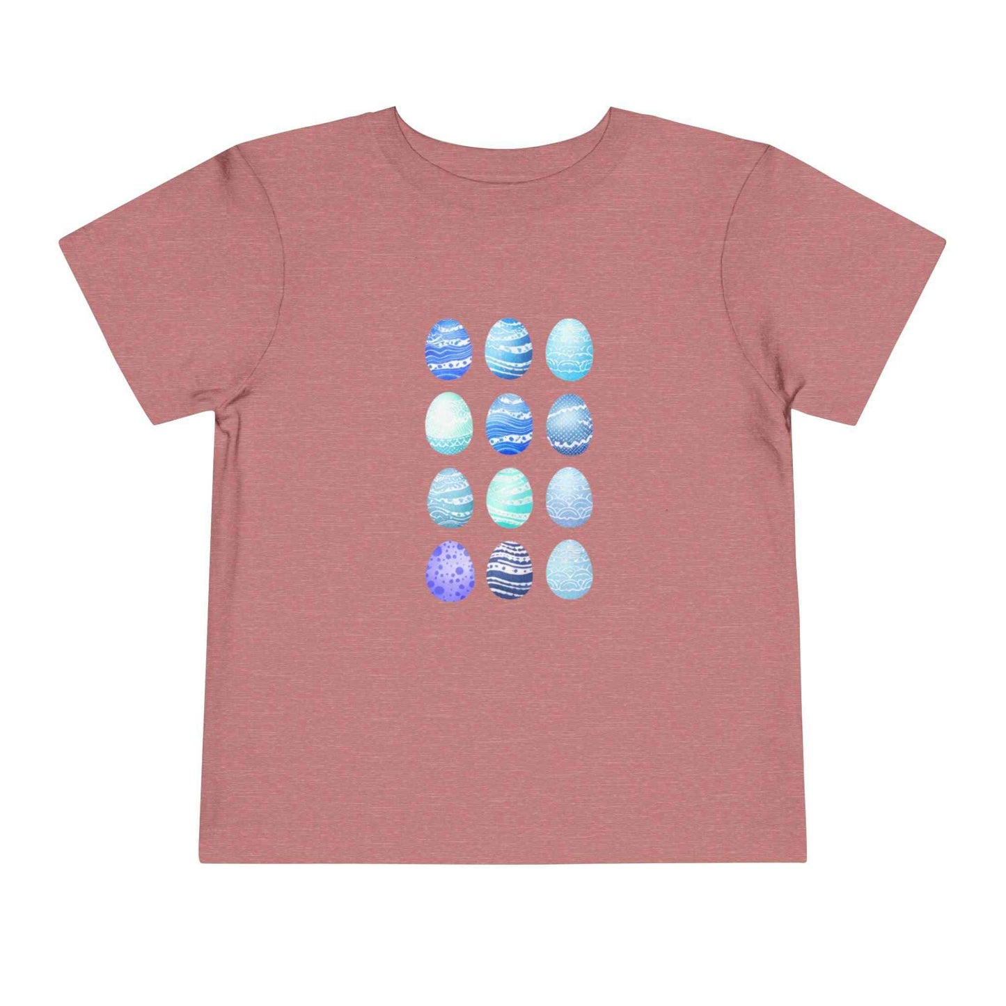 Blue toddler tee with watercolor Easter eggs graphic, breathable cotton shirt for boys