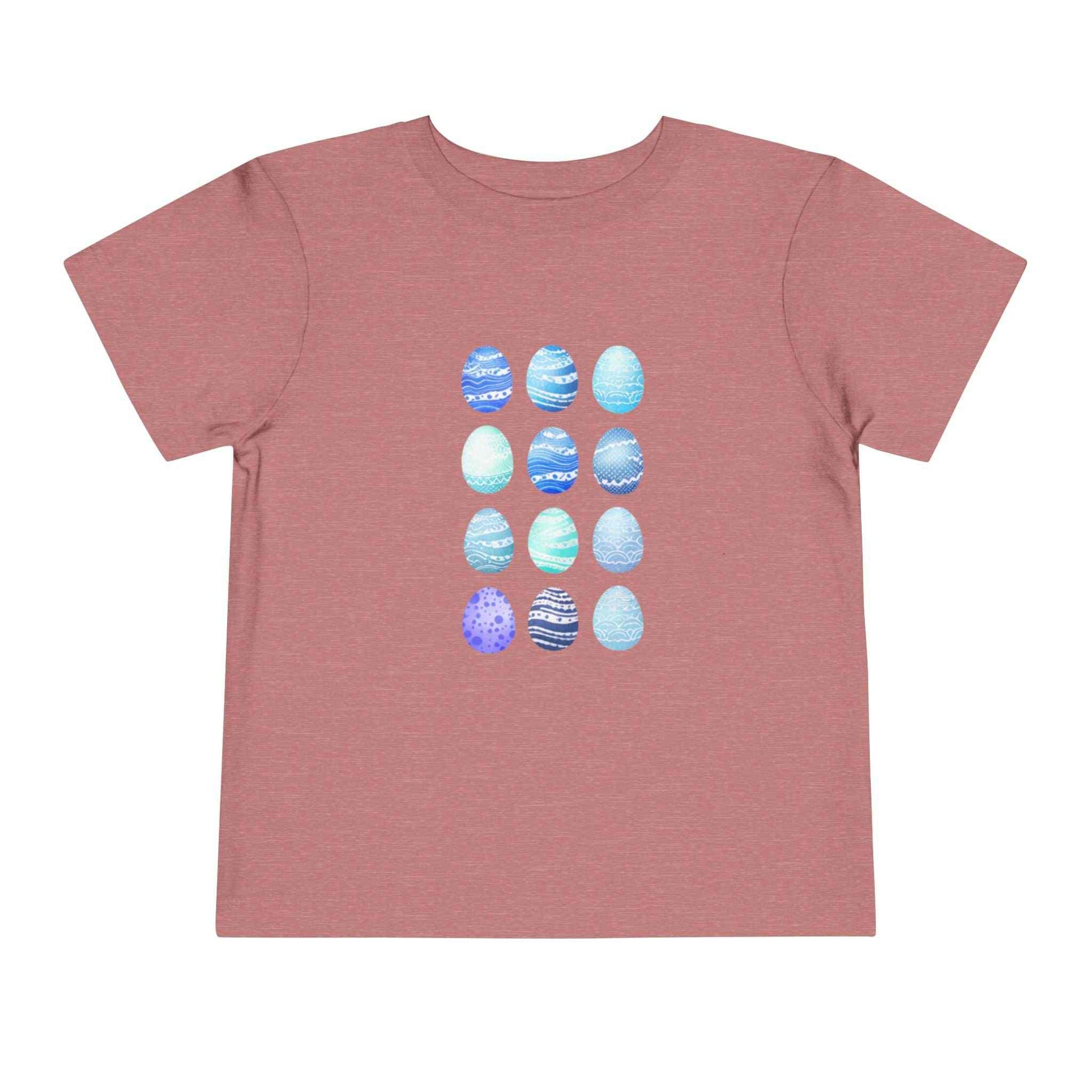 Blue toddler tee with watercolor Easter eggs graphic, breathable cotton shirt for boys