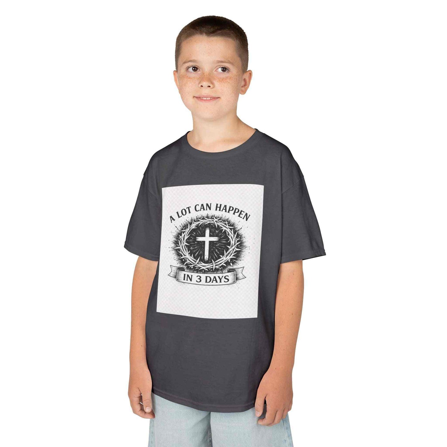 Kids Tee with vintage Christian cross and "A Lot Can Happen in 3 Days" design on soft breathable cotton