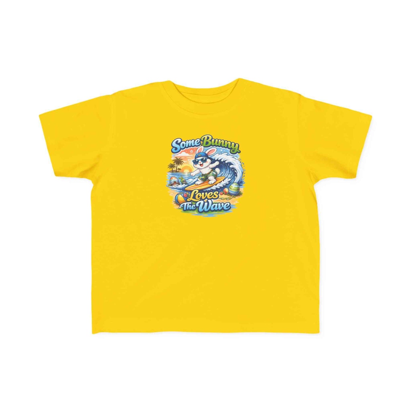 Toddler tee with cute surf bunny graphic saying Some Bunny Loves The Wave