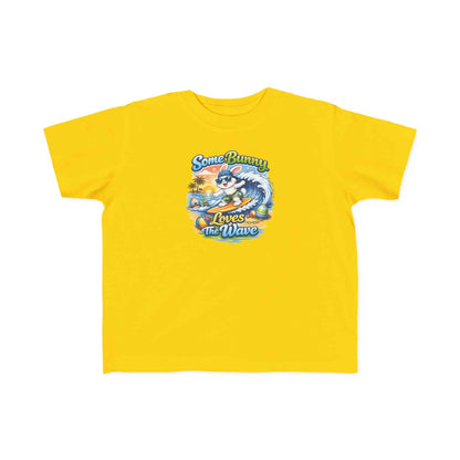 Toddler tee with cute surf bunny graphic saying Some Bunny Loves The Wave