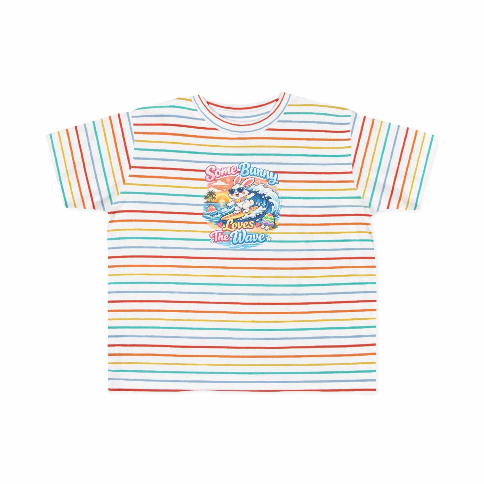 Surfing bunny Easter T-shirt with pastel eggs and sunset waves, perfect for school and beach celebrations.