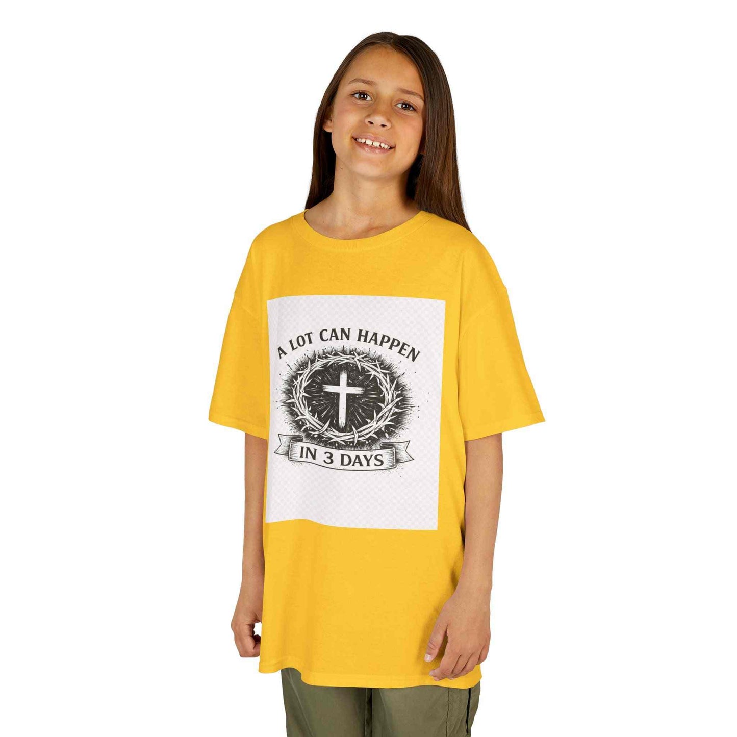 Kids tee with vintage cross and "A Lot Can Happen in 3 Days" design on soft midweight cotton