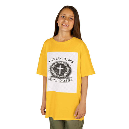 Kids tee with vintage cross and "A Lot Can Happen in 3 Days" design on soft midweight cotton