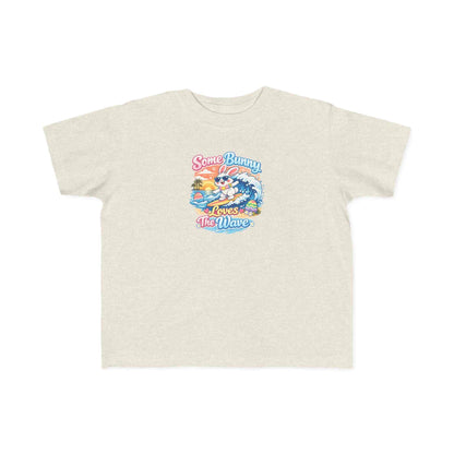 Youth girl Easter T-shirt with surfing bunny and pastel eggs saying Some Bunny Loves The Wave