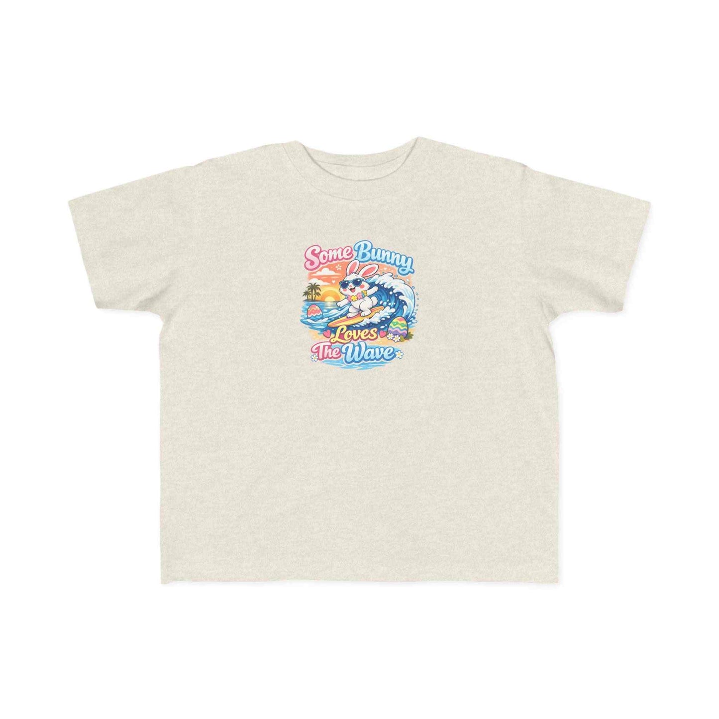 Some Bunny Loves The Wave Easter T-shirt with surfing bunny and pastel eggs on sunset wave background