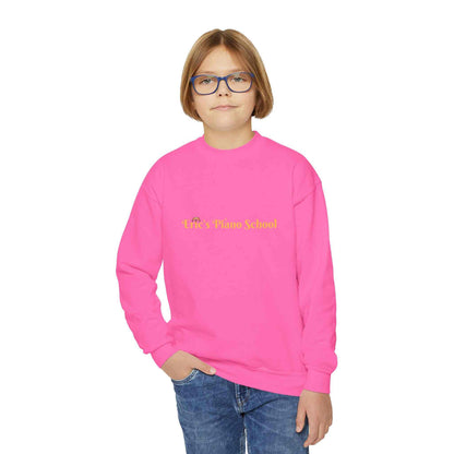Cozy youth sweatshirt with embroidered piano school emblem, soft midweight fabric, and relaxed fit for music lessons and recitals