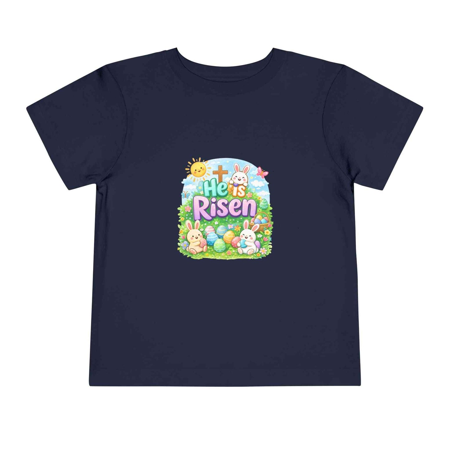 He Is Risen toddler tee with Easter bunny and cross design on soft lightweight cotton shirt for kids