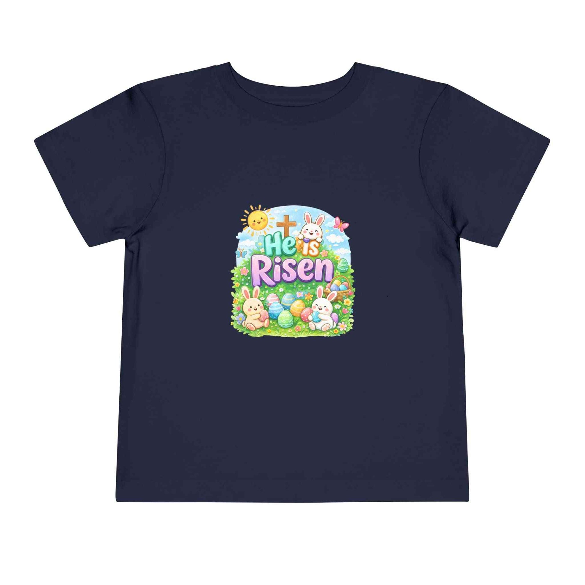 He Is Risen toddler tee with Easter bunny and cross design on soft lightweight cotton shirt for kids