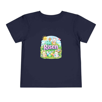 He Is Risen toddler tee with Easter bunny and cross design on soft lightweight cotton shirt for kids