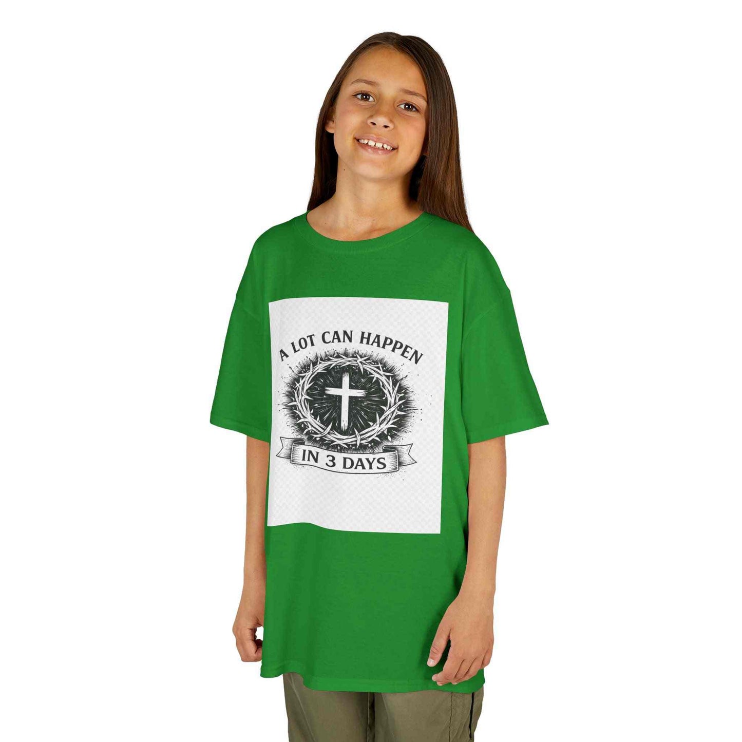 Kids tee with vintage Christian cross and "A Lot Can Happen in 3 Days" design on soft midweight cotton